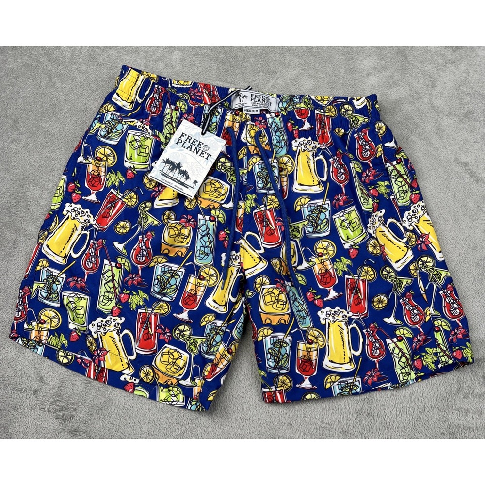 FREE PLANET SWIM TRUNKS MEN'S MEDIUM COCKTAIL BEER BOARD SHORTS BEACH‎